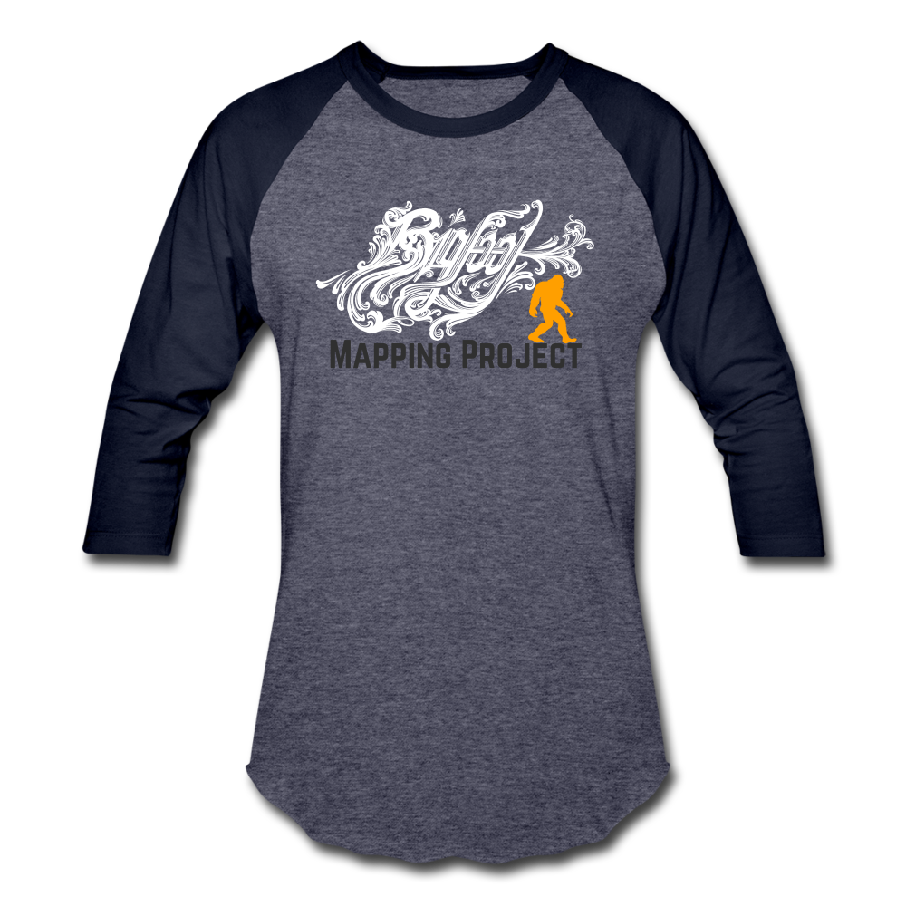 Bigfoot Mapping Project Baseball T-Shirt (Orange Bigfoot) - heather blue/navy