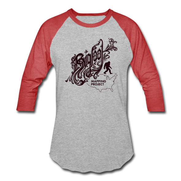 Bigfoot Mapping Project Baseball T-Shirt (Brown Bigfoot) - heather gray/red