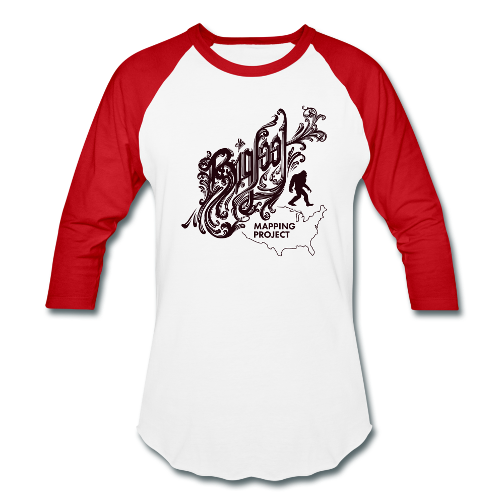 Bigfoot Mapping Project Baseball T-Shirt (Brown Bigfoot) - white/red